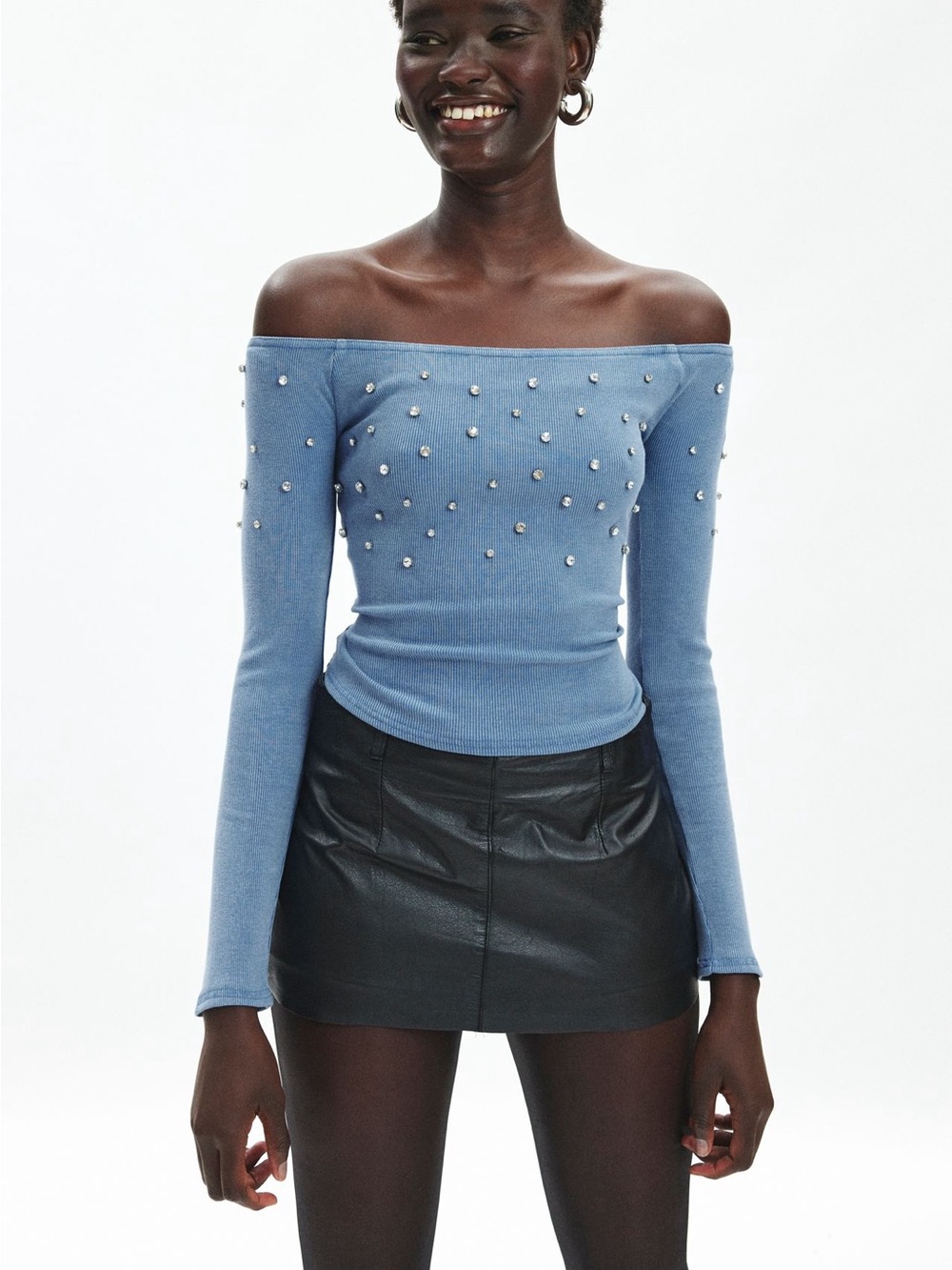 silence + noise Light Blue Off-the-Shoulder Pearl-Embellished Sweater